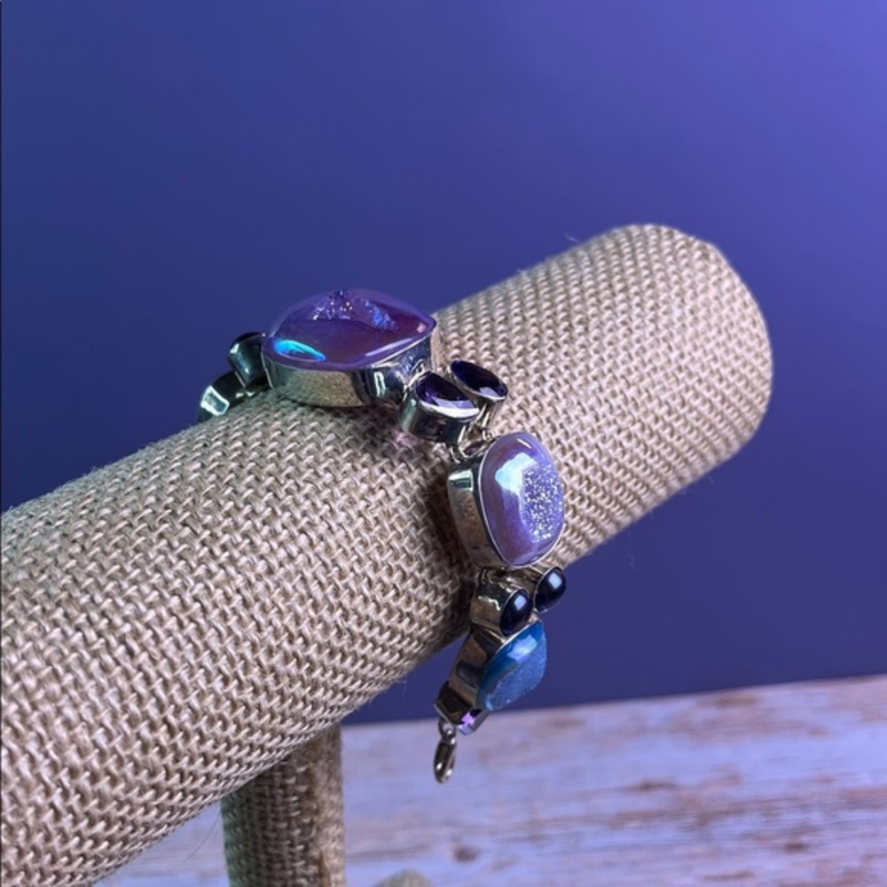 Amethyst, Freshwater Pearls, Purple and Blue Druzy Stones Bracelet Sterling